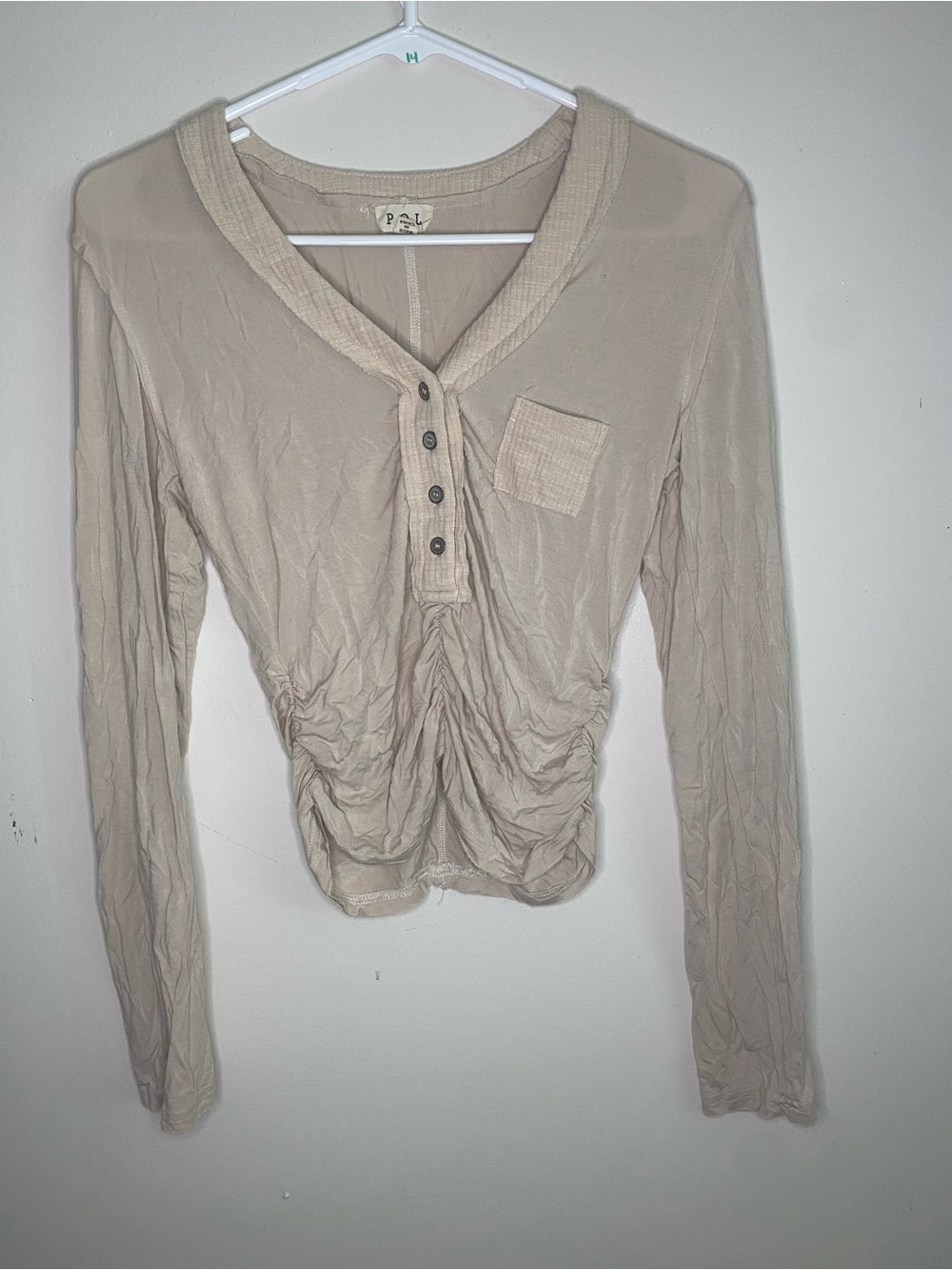 Pol Cream Henley Top Rouging at Waist Rough Hem Size S